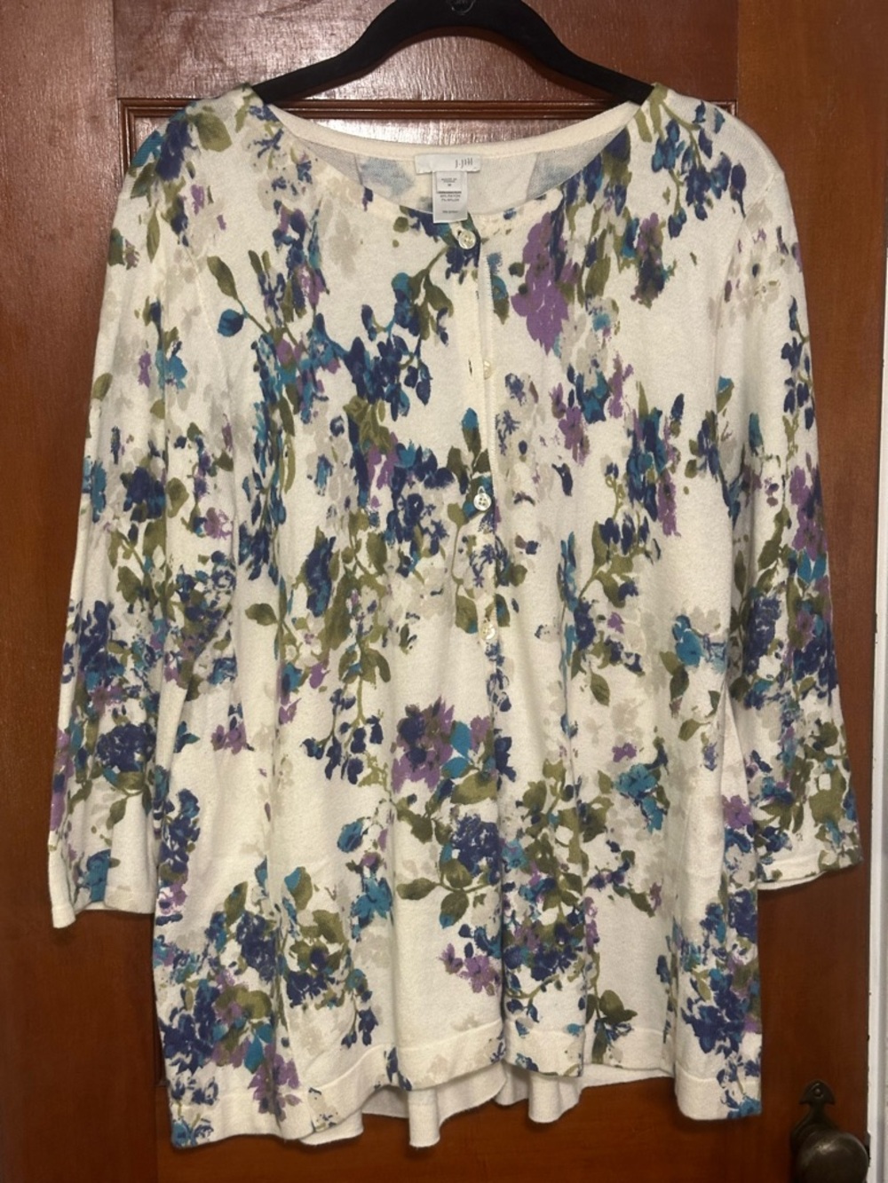 J. Jill Cream Floral Button-Front Cardigan with Blue, Purple, and Olive Accents